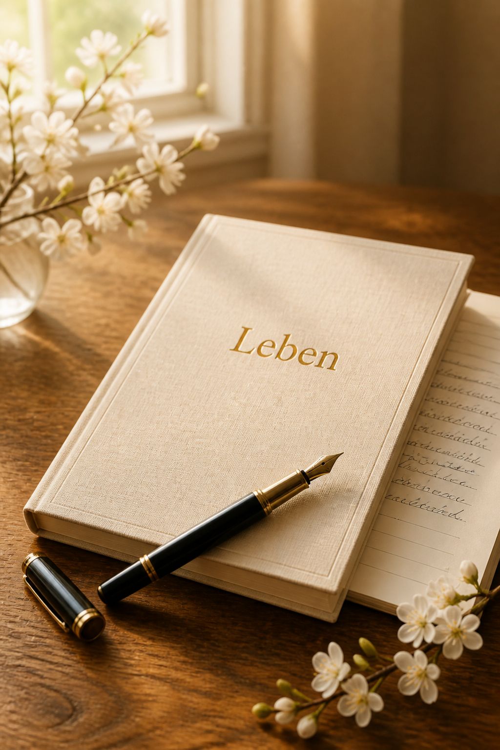Notizblock mit Aufschrift Leben und Füllfeder