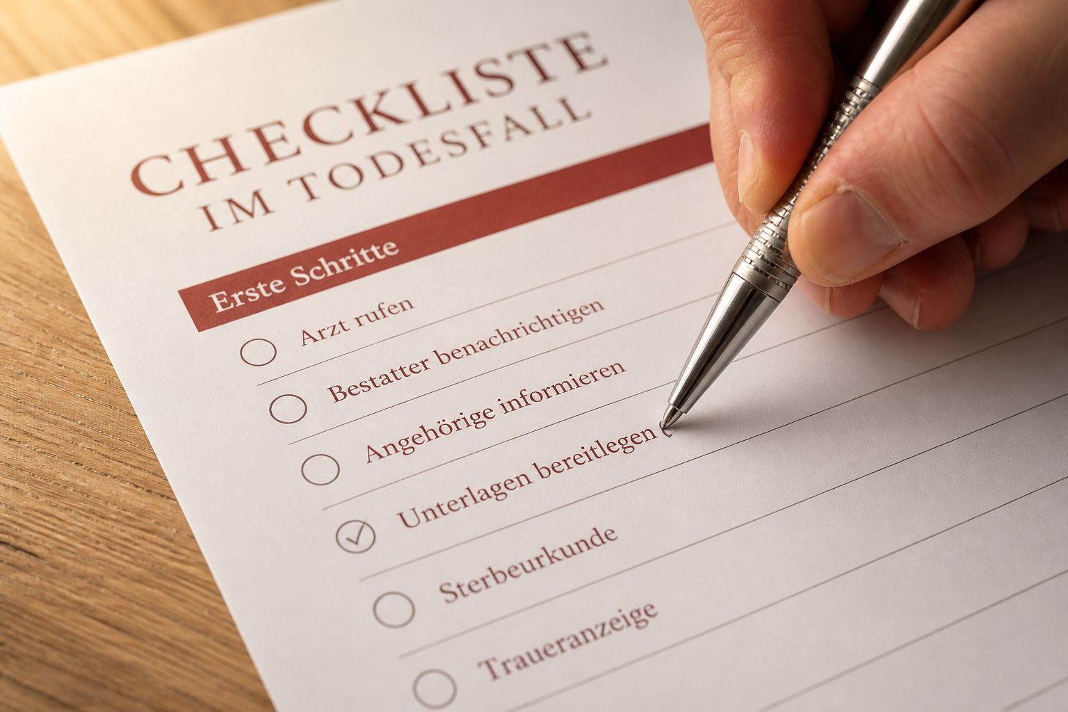 Checkliste im Todesfall wird mit einem Stift ausgefüllt