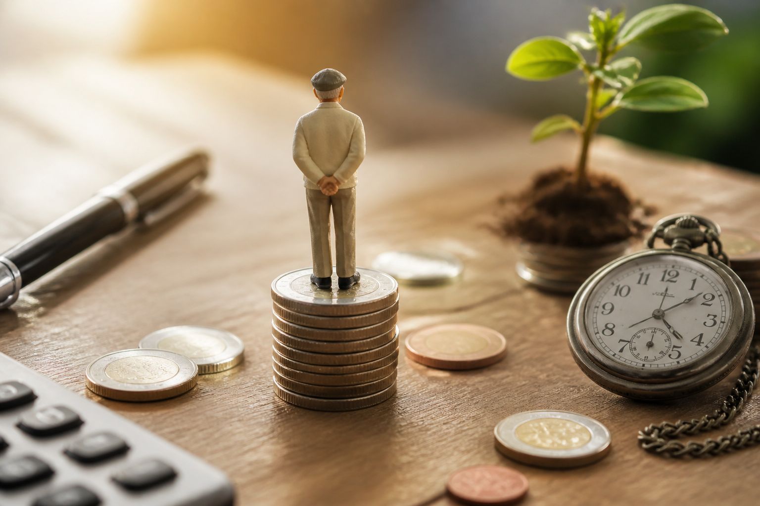Symbolbild: Figur auf Münzen für finanzielle Vorsorge und Absicherung