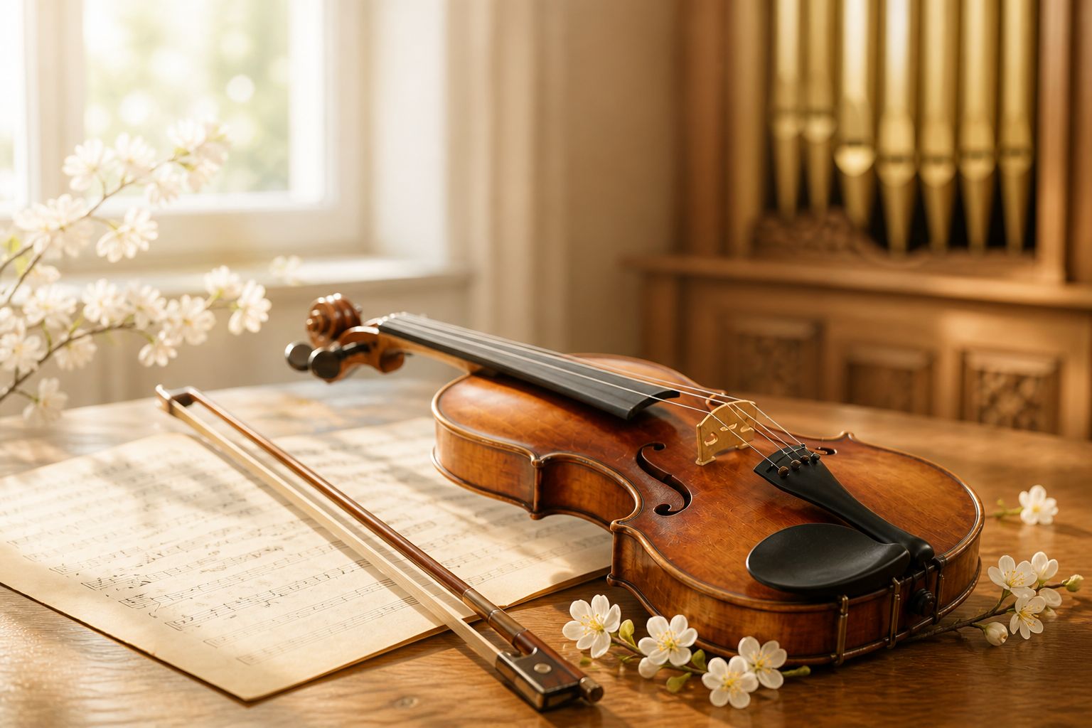 Violine mit Notenblatt in hellem, warmem Licht