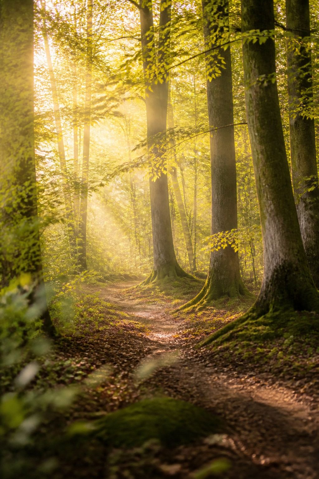 Sonniger Waldweg mit warmem Morgenlicht