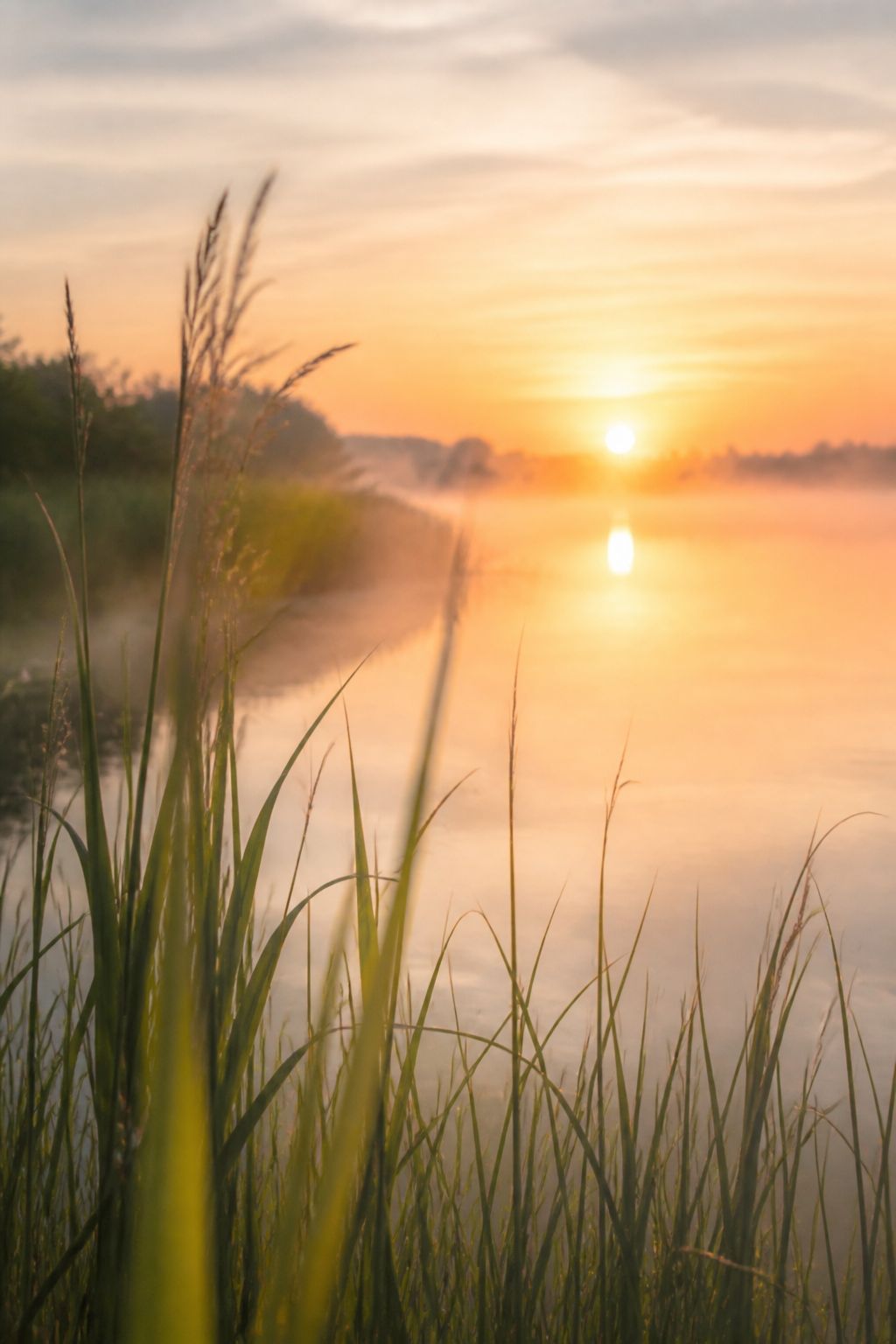 Ruhiges Ufer mit Schilf im Morgenlicht