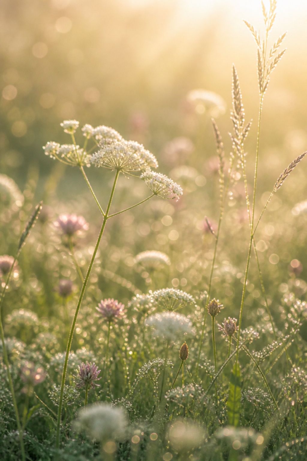 Wilde Wiese mit Tau im Sonnenaufgang