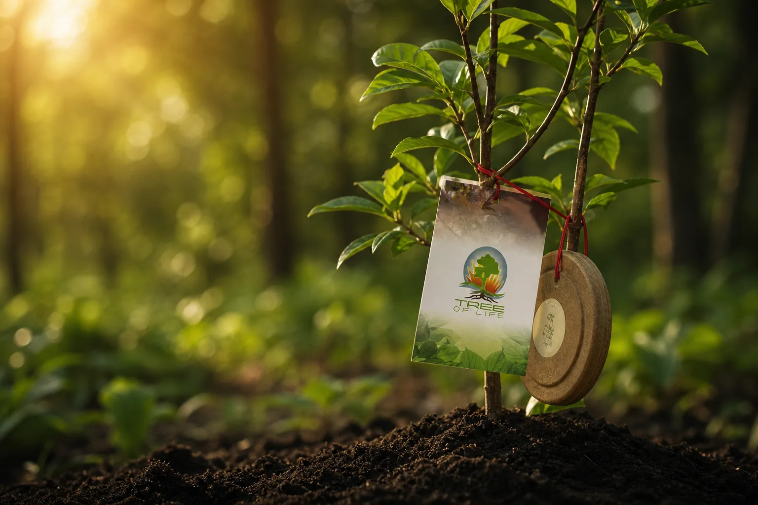 Tree of Life Bestattung, junger Baum mit Tree-of-Life-Anhänger und Urne